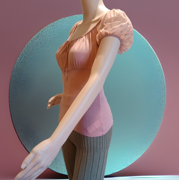 U2B Women's Puff Polkadot Mesh Peasant Blouse High Stretch - Picture 10 of 13